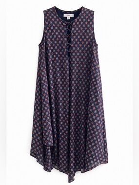 100% Silk Derek Lam Floral Lace-Up Tunic Dress - Navy with Rust & Cream